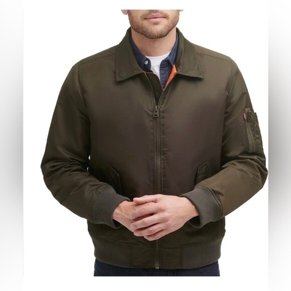 LEVI'S Men's Flight Bomber Jacket with a Faux Fur Removable Collar army green S - Picture 3 of 15